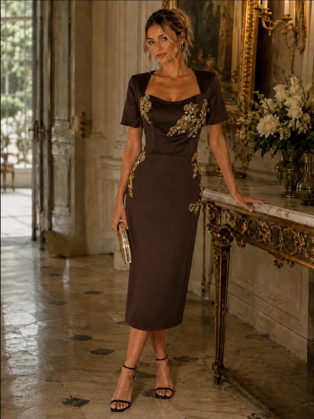 Dress the Population Chocolate Brown Midi Dress with Gold Appliqué